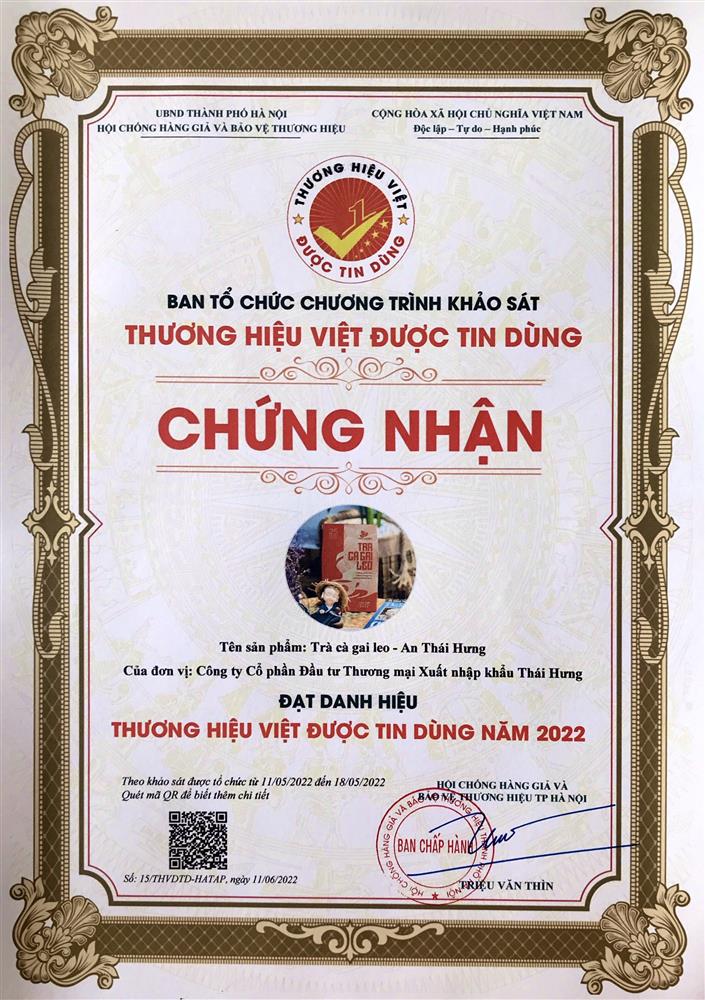 Chứng nhận Thương hiệu Việt được tin dùng cho sản phẩm Trà cà gai leo - An Thái Hưng